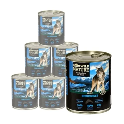 Afbeelding van Dehner Wild Nature Hondenvoer, bergmeer, natvoer, graanvrij/suikervrij, voor volwassen honden, zalm/kip, 6 x 800 g blik (4,8 kg)