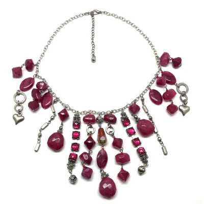 Afbeelding van Behave ketting zilver kleur roze fuchsia met hangers kralen steentjes 40cm