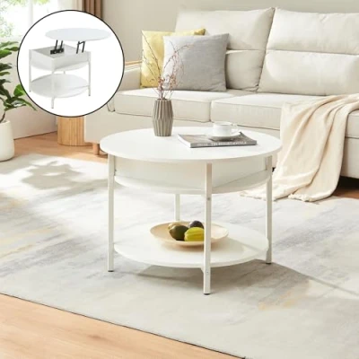 Afbeelding van [en.casa] Salontafel Kandas ronde loungetafel met hefblad en opbergruimte wit houtkleurig Ø70 cm