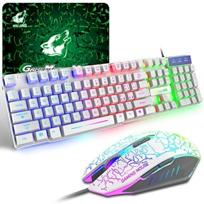 Afbeelding van gaming toetsenbord en muis, met led achtergrondverlichting in regenboogkleuren, muis 6 toetsen, 2400 dpi muismat, USB bekabeld voor PS4 XBox, wit
