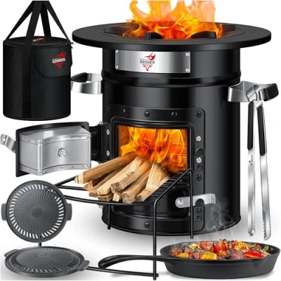 Afbeelding van KESSER® Raketoven incl. gietijzeren grillpan met draagtas grilltang, Dutch Oven BBQ raket houtkachel camping kooktoestel campinggrill, roestvrij staal (zwart grillplaat)