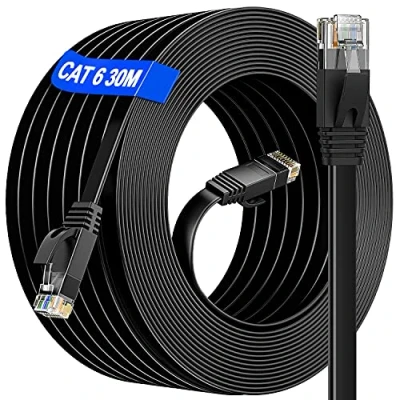 Afbeelding van Internet Kabel 30 meter, Lange Ethernet 30m High Speed, Gigabit Cat 6 Netwerkkabel Platte, RJ45 Patchkabel Internetkabel UTP Installatiekabel voor Modem/Switch/Patch Panel/Router(30 clips)