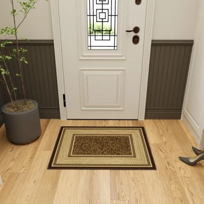 Afbeelding van Ottomanson Ottohome collectie tapijt met rubberen achterkant en modern randdesign, 67 cm x 90 cm, bruin