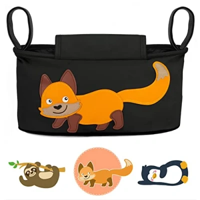 Afbeelding van GLÜCKSWOLKE Kinderwagen Organizer 12 Motieven I Kinder Buggy Tasche Kinderwagentas met Disposer van vochtige doekjes Tas Opbergtas voor Baby Kinderwagentasche Vos (Zwart)