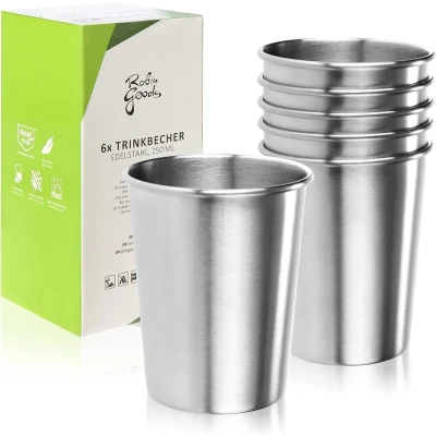 Afbeelding van Robin Goods® 6x RVS drinkbekers hoogwaardige bekers campingbekers 250 ml reisbekers onbreekbaar en BPA vrij (006 stuks zilverkleurig)