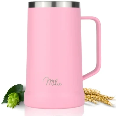 Afbeelding van Bier Mok geïsoleerd roestvrij staal, bierglas met deksel, thermo Mok, cadeau voor mannen, papa, houdt koud 7 uur, vaatwasser bestendig, 700 ml, roze