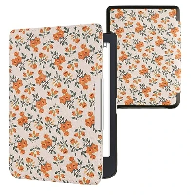 Afbeelding van kwmobile E reader hoesje geschikt voor Tolino Shine 3 hoes flip case met magnetische sluiting Ereader cover Gele bloemen design in geel / groen beige
