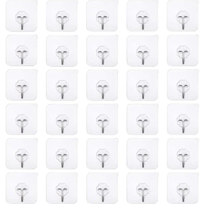 Afbeelding van LOGOGO Zelfklevende haakenstick, 30 stuks antislip traceloze kleverige haak Heavy Duty wandhaken 10 kg (max.) voor deur, keuken, badkamer, kantoorkast, naadloze haken, transparant, waterdicht en oliebestendig
