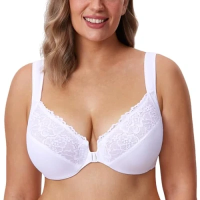 Afbeelding van DELIMIRA Dames Voorsluiting BH met beugel Kant Large Size Volledige cups zonder inzetstukken wit 90C