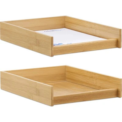 Afbeelding van Relaxdays 2x brievenbak hout papierbak vlak bamboe look documentenbak A4 bureau