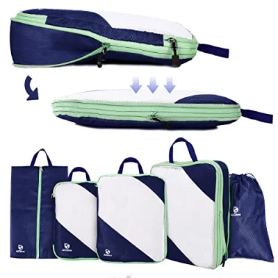 Afbeelding van AiQInu Kofferorganizer, 5 stuks, ultralicht, uitbreidbaar, ruimtebesparend, reisorganizer voor kleding, ondergoed, schoenentas (donkerblauw)
