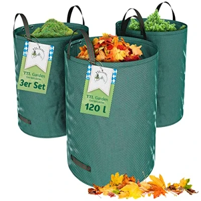 Afbeelding van TTL Garden 3 x 120 l tuinzak, zelfstaand, 4 handgrepen, 150 g/m², extra stabiel, robuust en opvouwbaar, set van 3, liter, container, bladzak, afvalzak voor gras, bladeren, heg, tuinafval, groen