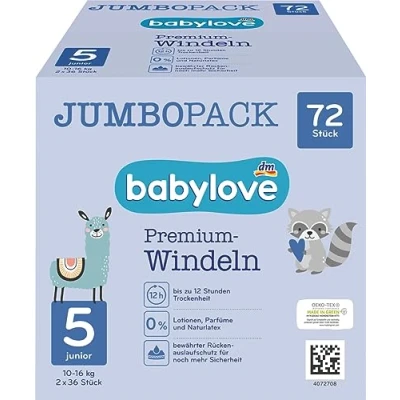 Afbeelding van babylove Luiers, premium actief plus maat 5, junior 12 25 kg, jumbo pack, 2 x 36 stuks, 72 stuks