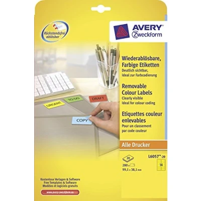 Afbeelding van Avery afneembare gekleurde etiketten ft 99,1 x 38,1 mm (b h), 280 stuks, 14 per blad, geel etiket