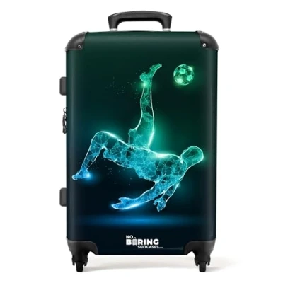 Afbeelding van NoBoringSuitcases.com Grote koffer Silhouet van een voetballer in het groen en blauw Kinderkoffer jongen Reiskoffer met 4 wielen Trolley op wieltjes Rolkoffer groot kinderen 60 liter Ruimbagage valies 20kg