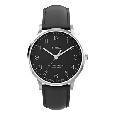 Afbeelding van Timex Waterbury 40 mm herenhorloge roestvrijstalen kast met zwarte wijzerplaat en leren band TW2V01500