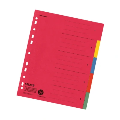 Afbeelding van Origineel Falken kartonnen registers extra breed. Made in Germany. voor DIN A4 24 x 29,7 cm volledige hoogte met organisatiedruk 5 delig full colour het klasseren van brochure.