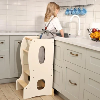 Afbeelding van leertoren Montessori In hoogte verstelbare kinderstoel van hout vanaf 1 jaar veilige sta en voor keuken, spel leren (Ivoor)