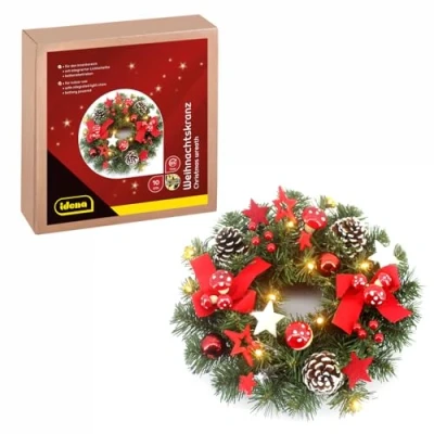 Afbeelding van Idena 30546 LED kerstkrans met sprookjesverlichting en 10 LED&#039;s in warm wit, ca. 30 cm hoog, timerfunctie voor 6 uur, werkt op batterijen, als deurkrans &amp; kerstdecoratie