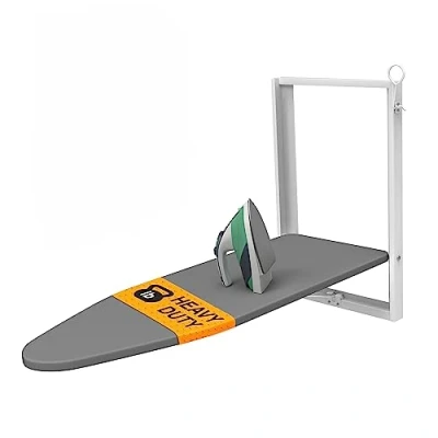 Afbeelding van Xabitat Wandmontage strijkplank Compact Mount Fold Down voor kleine ruimtes ruimtebesparend met katoenen stoffen hoes wit en grijs