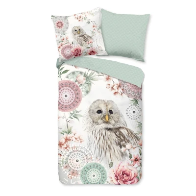 Afbeelding van Dekbedovertrek 140x200 cm Uil en Bloemen Print Wit/Roze/Groen 1 Persoons 100% Katoen Flanel