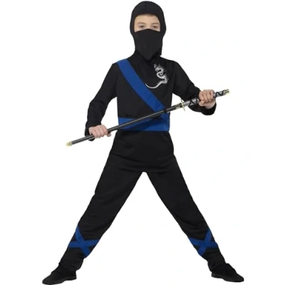 Afbeelding van Ninja kostuum zwart/blauw voor kinderen verkleedpak 116/128