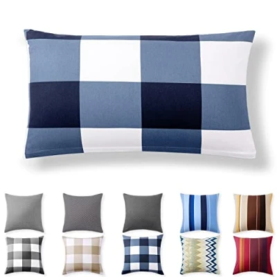 Afbeelding van Alreya Renforcé kussensloop, 40 x 80 cm, 100% katoen met YKK ritssluiting, super zachte hoofdkussensloop, kussenhoes, alleen Blauw Geruit