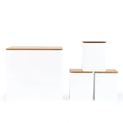 Afbeelding van 4 delige Salter Toronto set met contradeksel broodbak, thee, suiker, koffiecontainers, bewaarzakken, witte afwerking poedercoating, Acacia houten deksels, stijlvol, bewaarpotten, wit/Houten