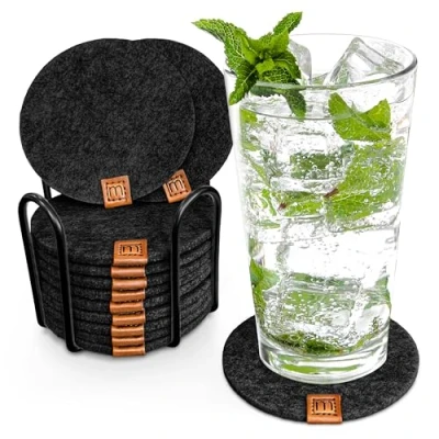 Afbeelding van Miqio® Design vilten glazen onderzetters, rond, set van 12 met houders, duurzame Oekotex onderzetters voor dranken, kaarsen, kopjes, bar, glazen, tafeldecoratie, zwart