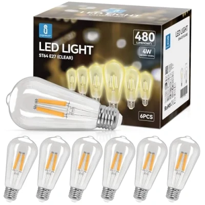 Afbeelding van Aigostar E27 LED Filament Lamp 4W (vervangt 41W), Warm Wit 2700K, 480lm, Vintage Bulb ST64, niet Dimmable, 6st.