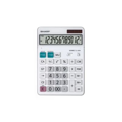 Afbeelding van Sharp EL 340W bureaurekenmachine met beweegbaar display, werkt op zonne energie en batterijen, wit