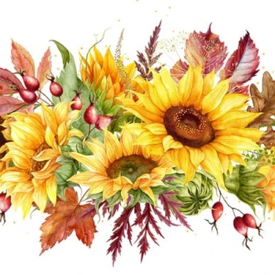 Afbeelding van 20 servetten herfst zonnebloemen op herfstbladeren als tafeldecoratie. Papieren met motief. Ook voor decoupage en servettechniek 33 x cm