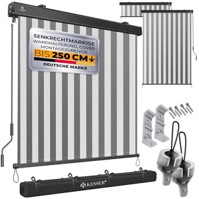 Afbeelding van KESSER® Verticale zonwering, 140 x 250 cm, buitenrolgordijn, handslingermechanisme, balkonrolgordijn incl. montageset &amp; cover, zon en inkijkbescherming, zonwering met zwengel, luifelkast, balkon