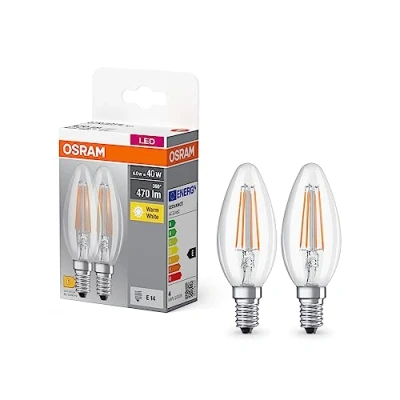 Afbeelding van OSRAM BASE kerte filament 40 LED pære med E14 sokkel, klassisk pæreform, 2 pak, 4W, 470lm, 2700K, varmt hvidt lys, lav varmeeffekt, lang levetid, lavt energiforbrug