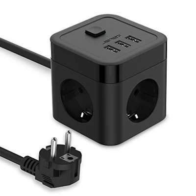 Afbeelding van JSVER Stekkerdoos Cube USB, Meervoudige contactdoos 3 Stekkers en USB (15,5 W) met Schakelaar voor kantoor, thuis of onderweg 1,5 m kabel Zwart (Zwart)