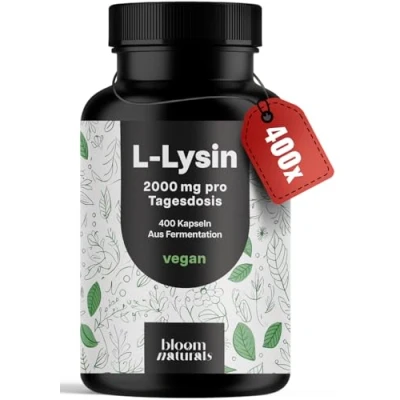 Afbeelding van L lysine hoge dosis 400 capsules 800 mg pure per portie van plantaardige fermentatie populair bij herpes veganistisch en geproduceerd in Duitsland