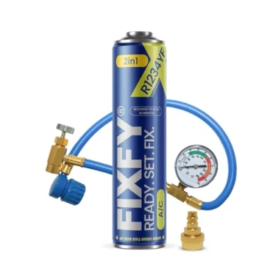 Afbeelding van FIXFY 2 in 1 set: slang met manometer, adapter en reserve koelmiddel R1234YF incl. olie airconditioning zelf vullen (voertuigen vanaf bouwjaar 2017)