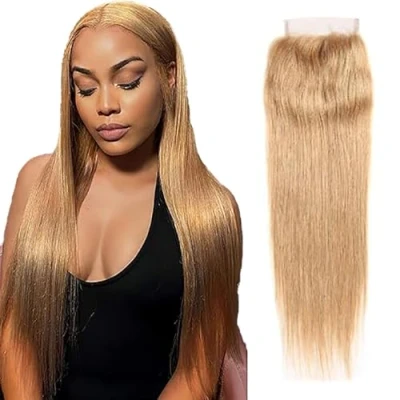 Afbeelding van Tuheerst Human Hair Closure for Woman 4x4 Lace Straight #27 Blonde Real Brazilian Remy Free Part Front 12 Inches