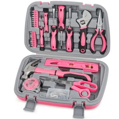 Afbeelding van Apollo 67 delige Huis DIY dames roze gereedschapsset. Complete handgereedschap voor eenvoudige huishoudelijke reparatie, inclusief een 40 wandophangset. in gereedschapskoffer clutch tas