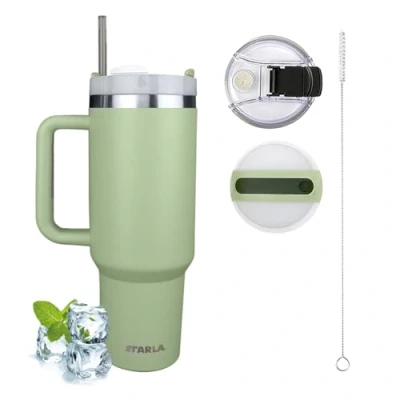 Afbeelding van STARLA Thermosbeker met rietje en handvat, 1,2 l, groot, 2 deksels, lekvrij, roestvrijstalen isolatiebeker, koffiebeker, bekerbeker, reisbeker, drinkbeker handvat (laurierblad)
