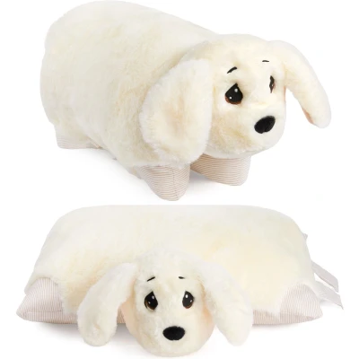 Afbeelding van BRUBAKER Knuffelkussen Hond 2 in 1 Pluche Knuffel en 40 x 30 cm Opvouwbaar Kinderkussen met Klittenbandsluiting Kussen Knuffeldier Wit