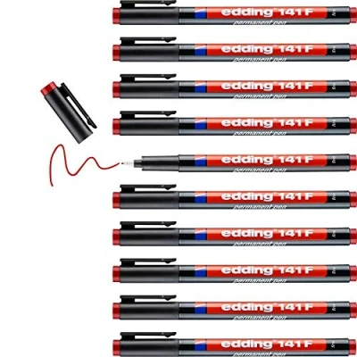 Afbeelding van edding 141 F permanente pen 10 stiften rood ronde punt 0,6 mm voor schrijven op glas, plastic, folies en gladde oppervlakken permanent, sneldrogend, veegvast watervast
