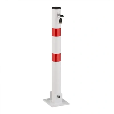 Afbeelding van parkeerpaal neerklapbaar afzetpaal staal 65 cm hoog afsluitbaar rond parkeerblokkade wit rood