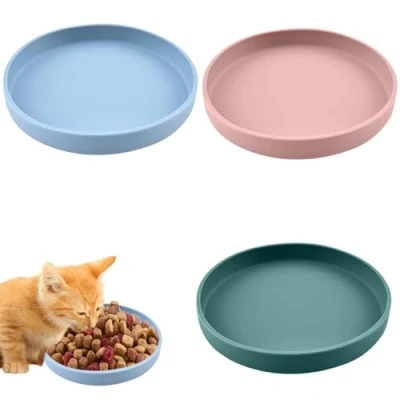 Afbeelding van 3 stuks kattenbak, voederbak kat, driekleurige kattenbakken, 18 cm siliconen bak, brede voor droog en natvoer (donkergroen, lichtroze, Scandinavisch blauw)