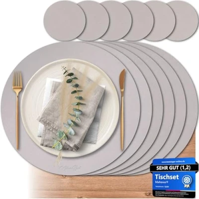 Afbeelding van Mahewa® Set van 6 premium placemats imitatieleer, afwasbaar en waterdicht, in lederlook (taupe, rond)