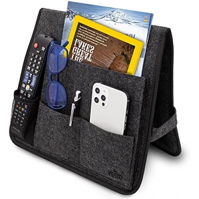Afbeelding van VILSTO Vilt Bedopslag, Fauteuil Caddy, Afstandsbediening Houder voor Sofa Couch Chair met Waterfleshouder, Armsteun Organizer Tijdschrift, Mobiele Telefoon, Tablet, Oplaadkabel, Donkergrijs