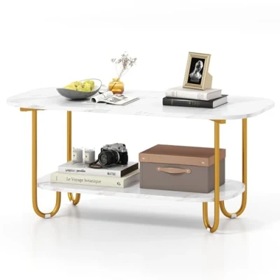 Afbeelding van COSTWAY Salontafel, goudkleurig, bijzettafel, marmerlook, koffietafel met metalen frame, woonkamertafel, hout, banktafel voor woonkamer, 100 x 50 45 cm, modern