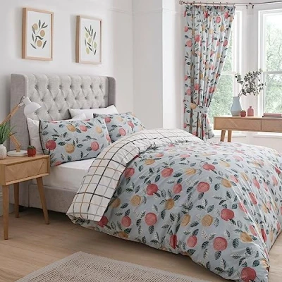 Afbeelding van Dreams &amp; Drapes Design Botanisch fruit Onderhoudsvriendelijke dekbedovertrekset kingsize bed in groen