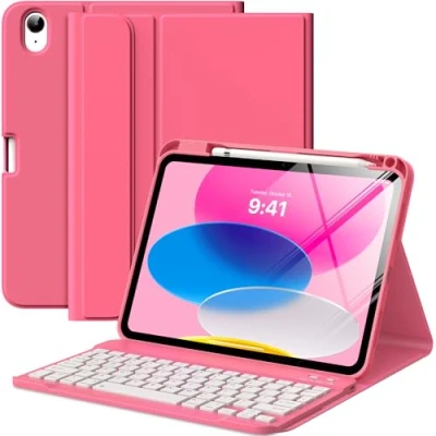 Afbeelding van MoKo Toetsenbordhoes voor iPad 10e generatie, hoesje met toetsenbord, magnetische standaardhoes meerdere hoeken 10,9 inch 2022, afneembaar draadloos Bluetooth toetsenbord generatie watermeloenrood