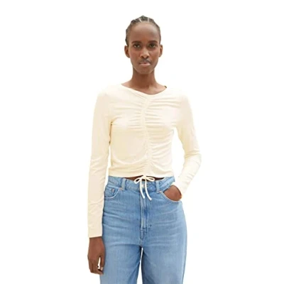 Afbeelding van TOM Tailor Denim Curved Rouching Longsleeve, Dames, Maat: Medium, Gardenia white